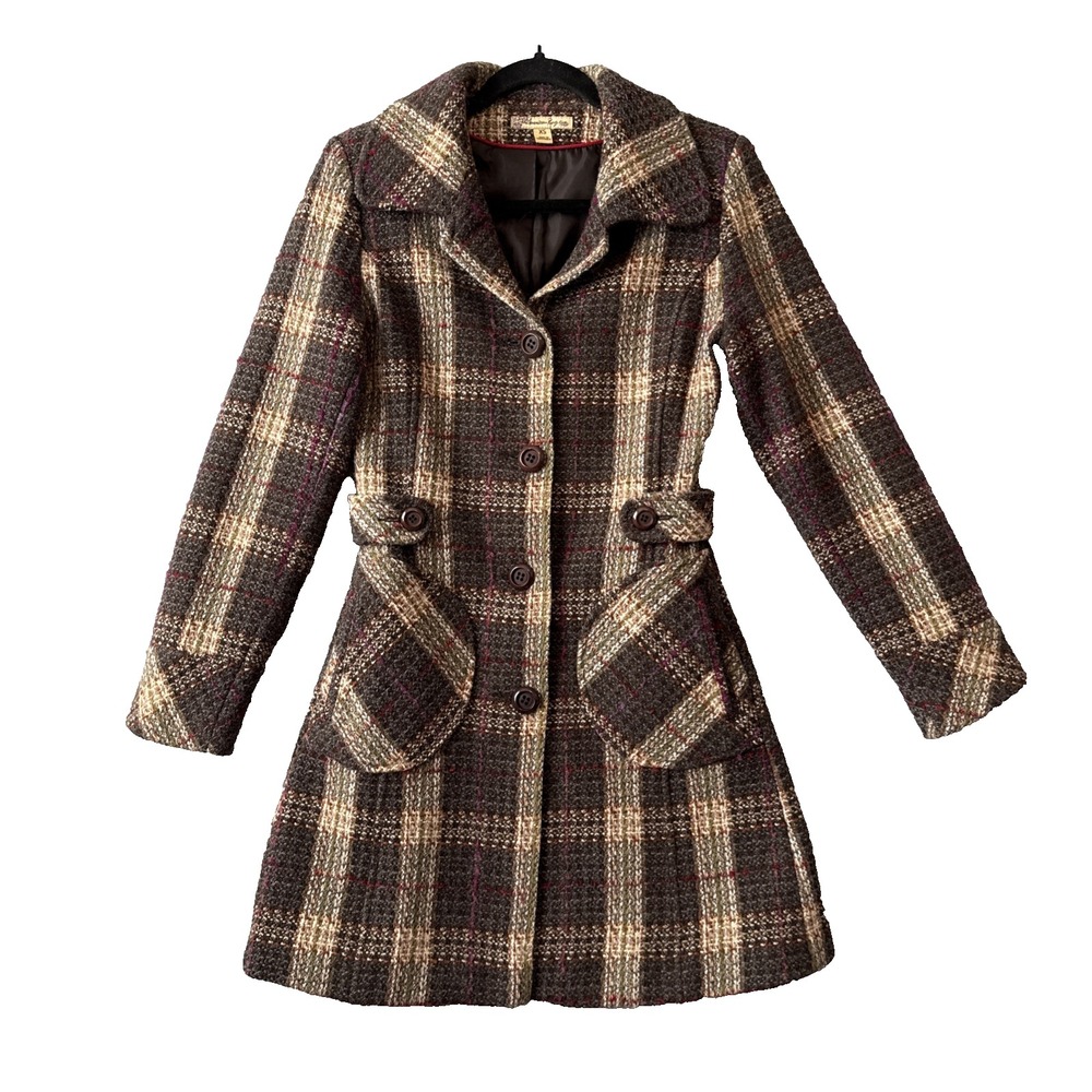 American Rag Plaid Wool Blend Trench Coat Jacket Tweed Peacoat XS Vintage Y2K